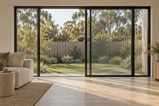 Black aluminium sliding doors opening to a garden