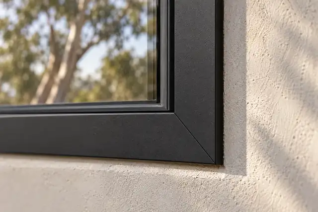 Close-up of a mitred black window frame corner