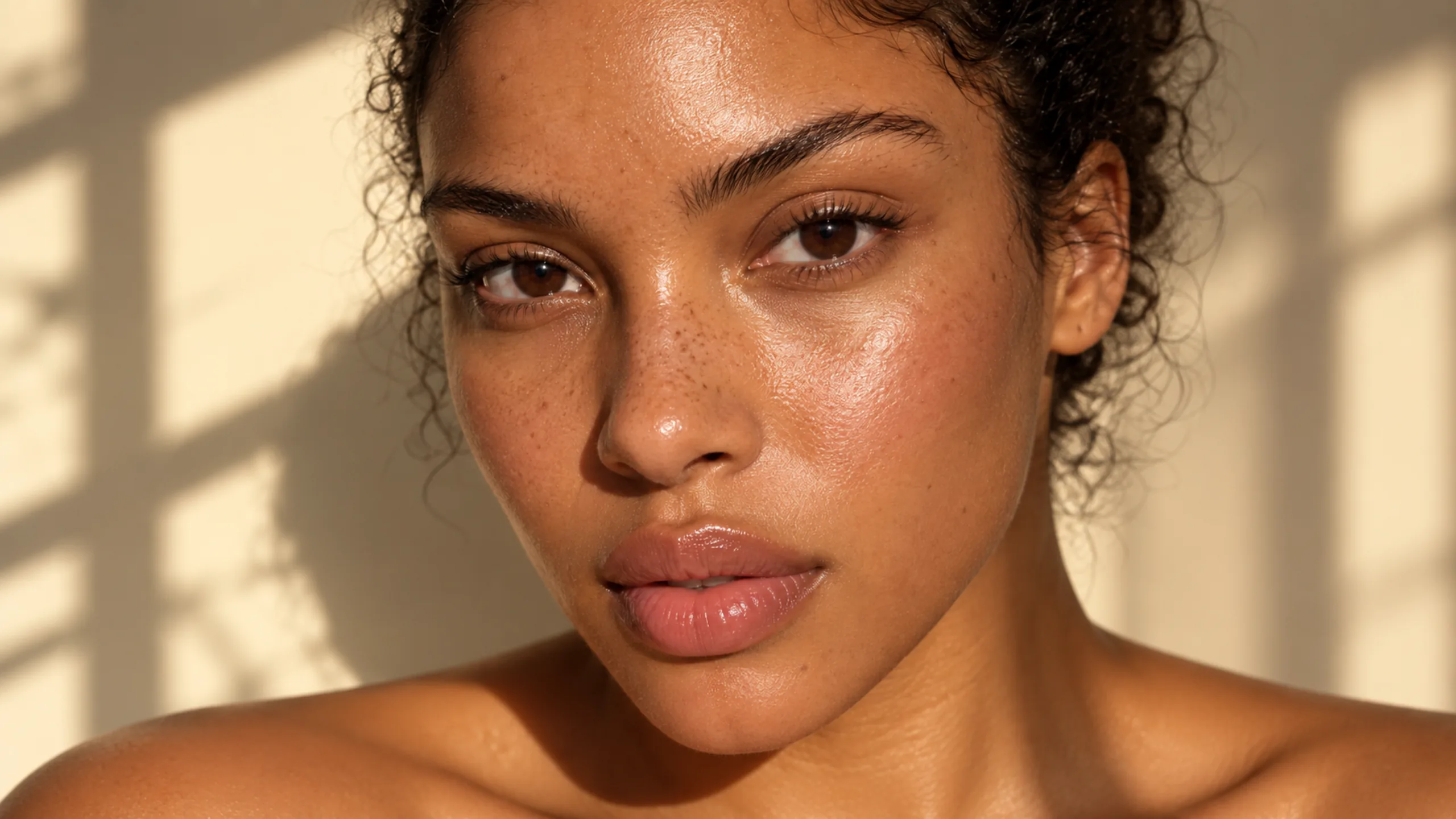 Close portrait of a woman with freckles and glowing, hydrated skin in warm window light