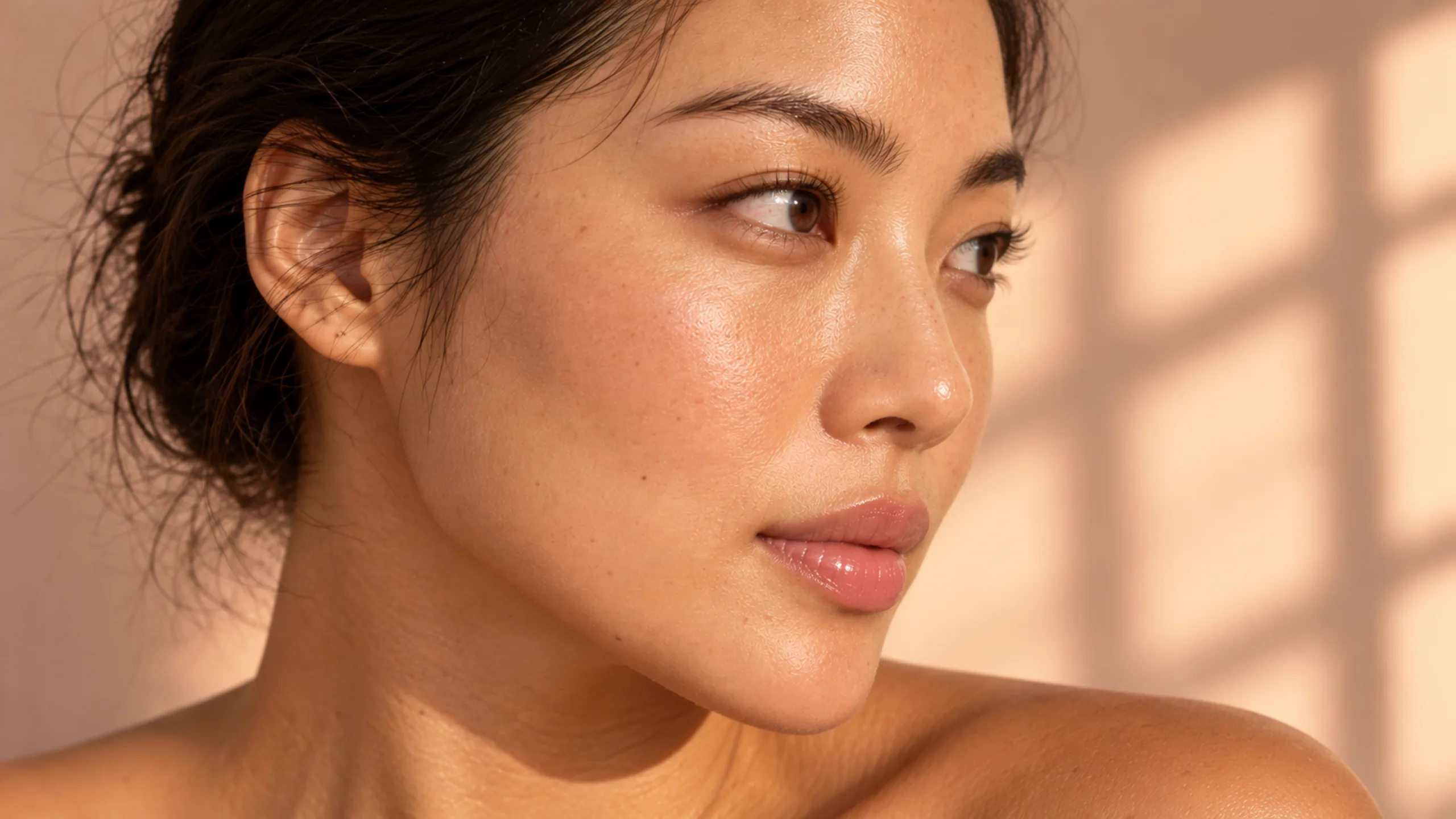 Three-quarter portrait of a woman with glowing, hydrated skin in warm peach light