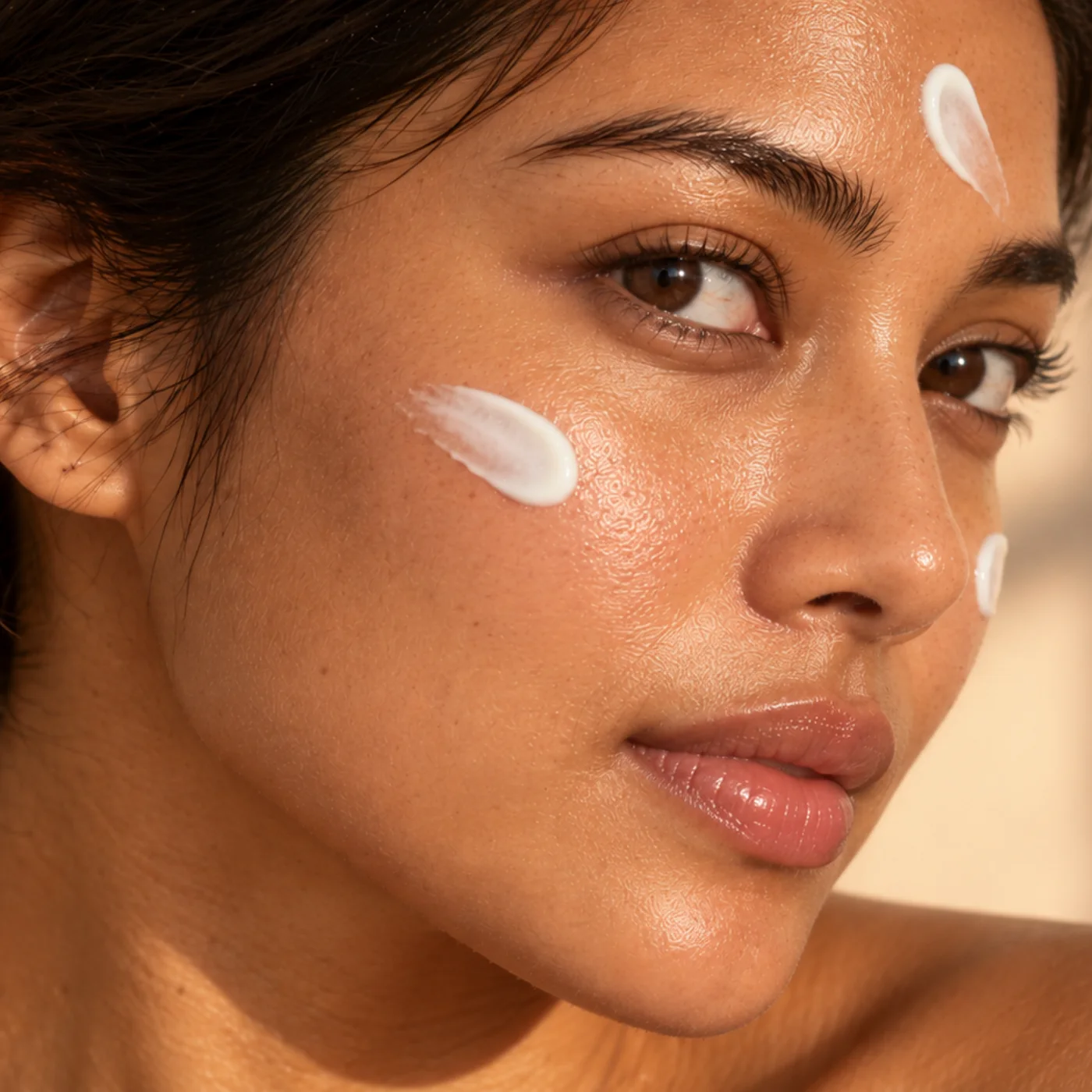 A woman with dots of hydra cream on her forehead and cheeks