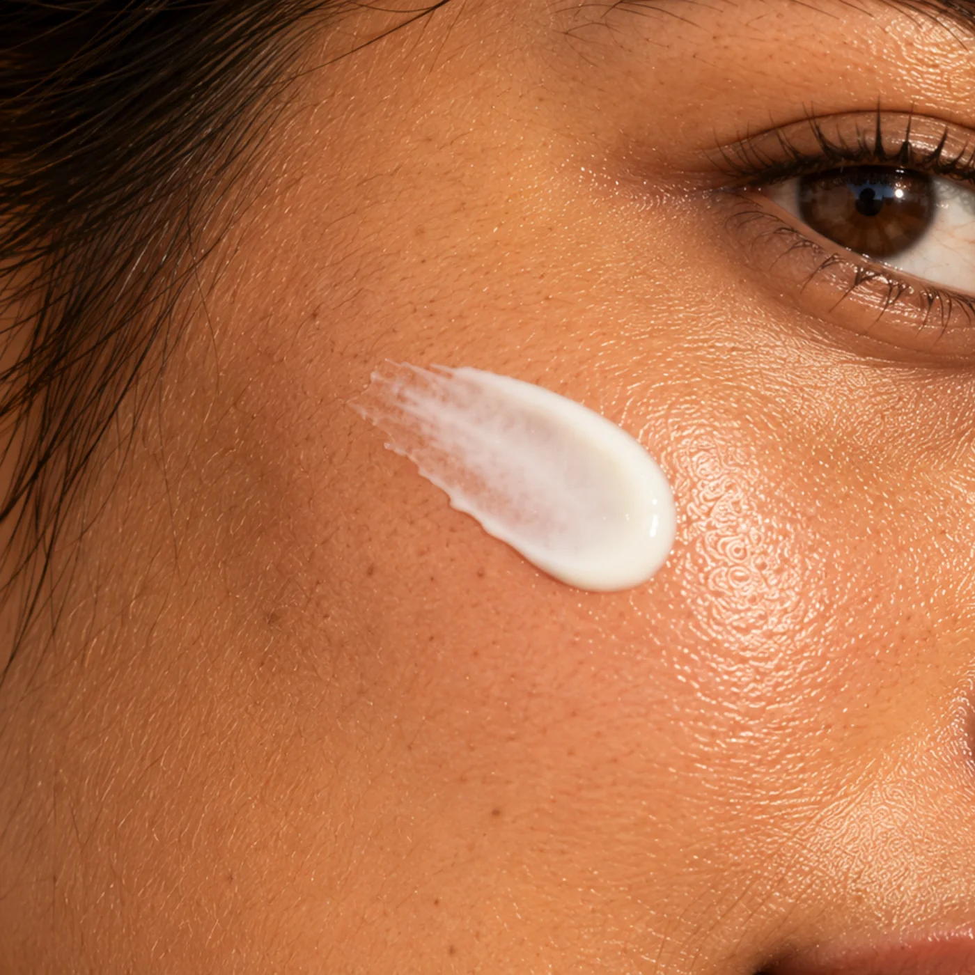 Close-up of a dot of hydra cream on the cheek, ready to smooth outward