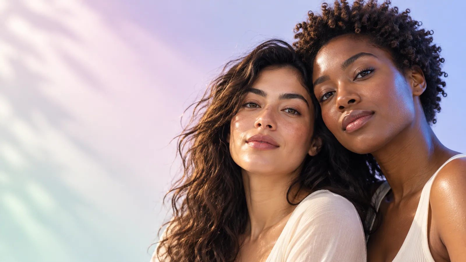 Two women resting their heads together in warm afternoon light