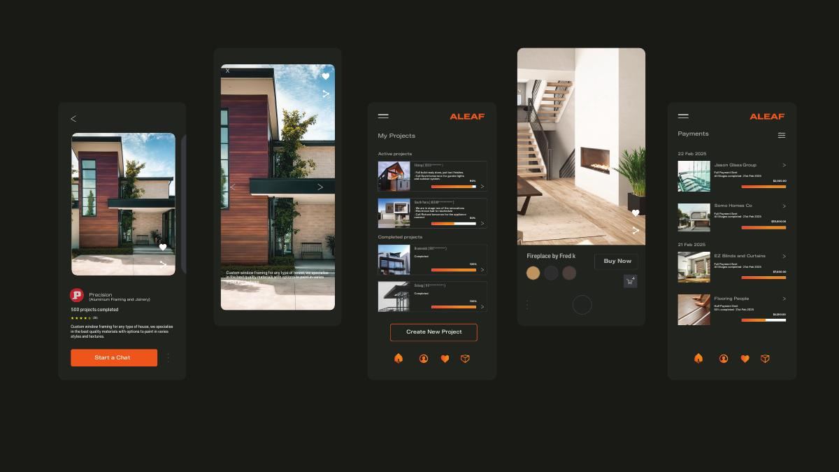 ALEAF dark UI app screens