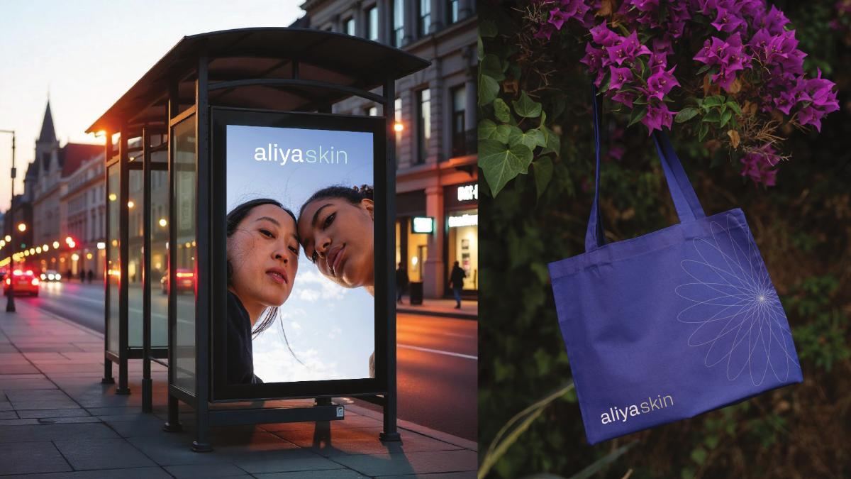 Aliya Skin bus stop advertising and branded tote bag