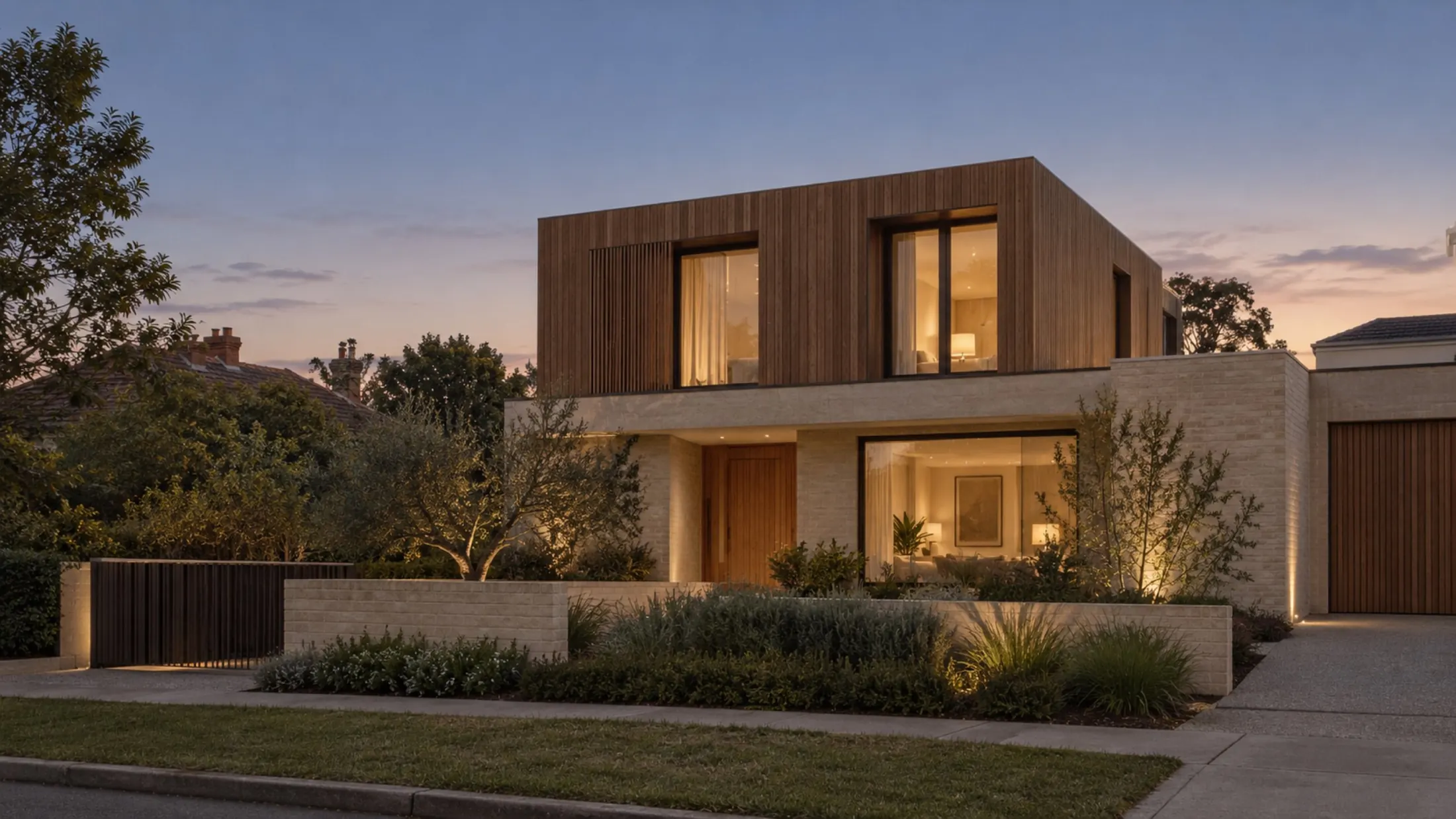 Two-storey home with cream brick and vertical timber cladding at dusk