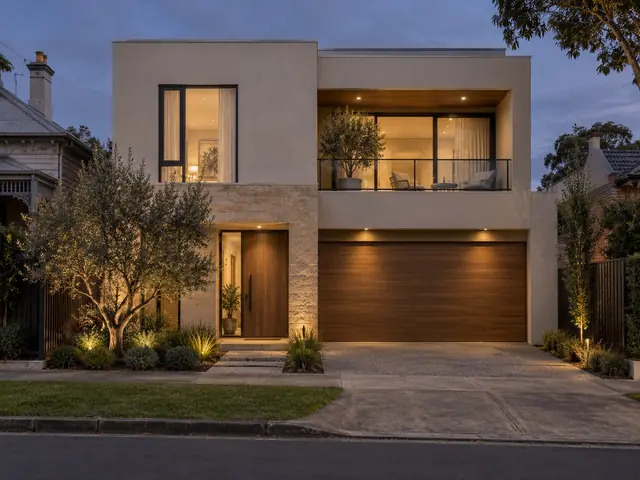Two-storey pale townhouse with a walnut garage door