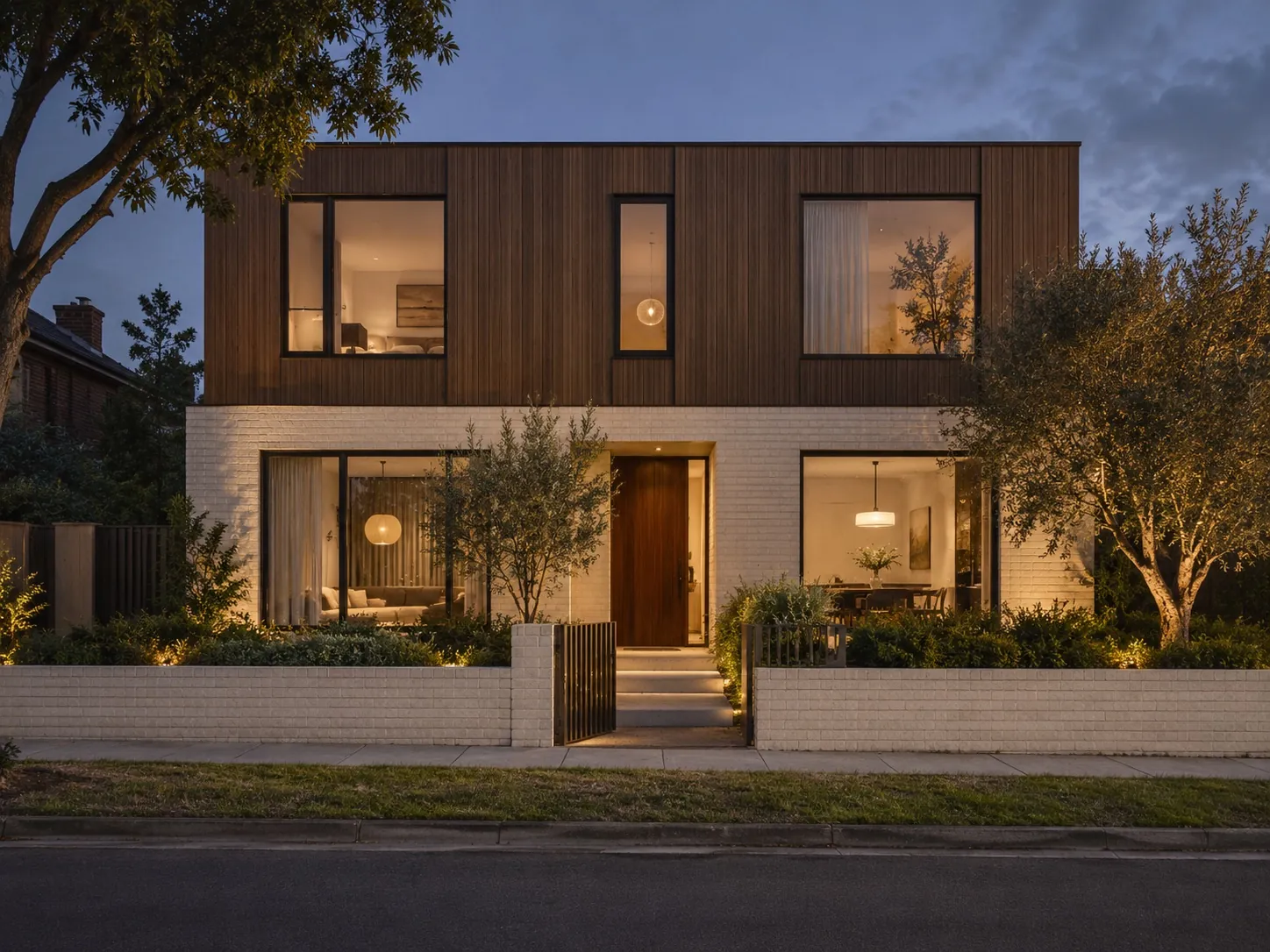 Two-storey cream-brick home with dark vertical timber at dusk, seen from the front