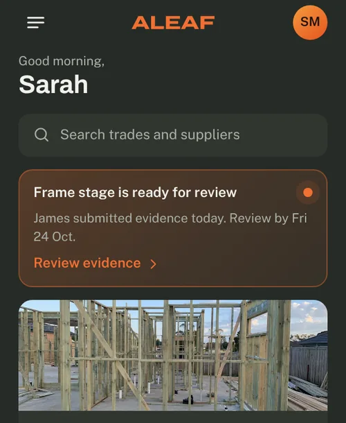 Aleaf app home screen with a Frame stage ready for review