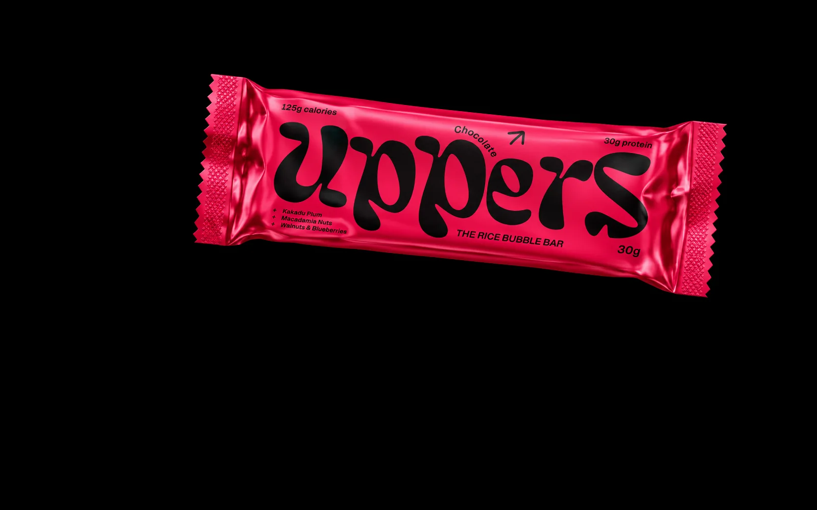 Uppers chocolate rice bubble bar, sealed in its glossy pink wrapper