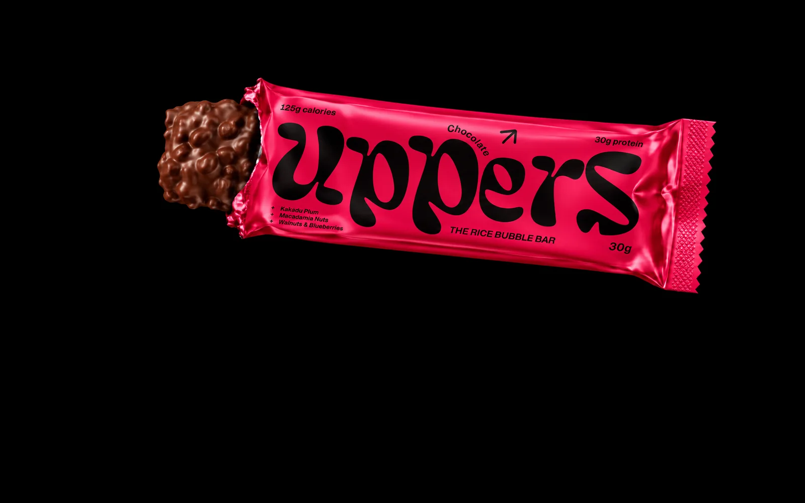 The same bar torn open at one end, showing chocolate-coated rice bubbles