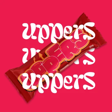 An Uppers bar over the wordmark repeated in white on pink